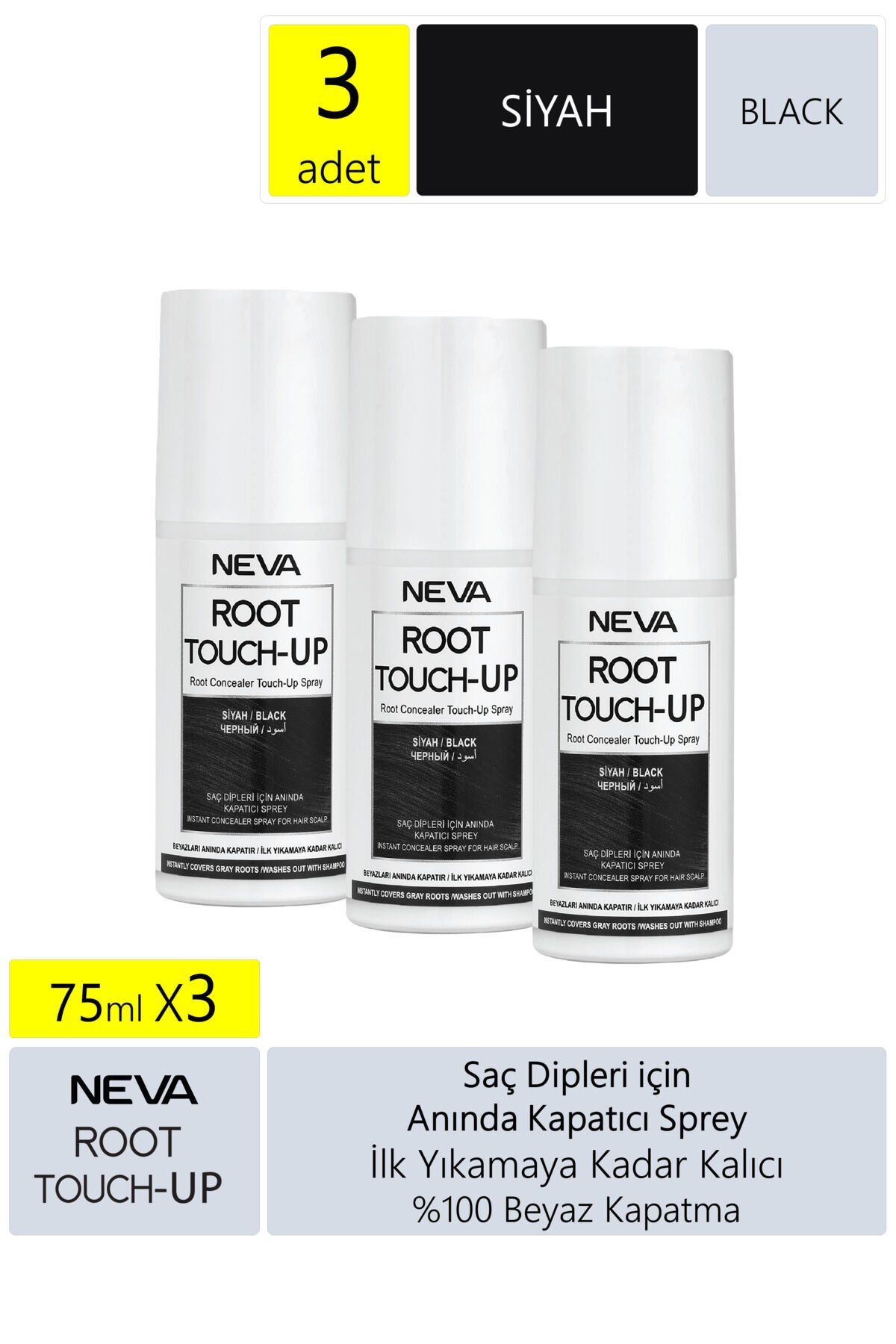 Root Touch Up Kapatıcı Sprey 75 ml Siyah 3 Adet