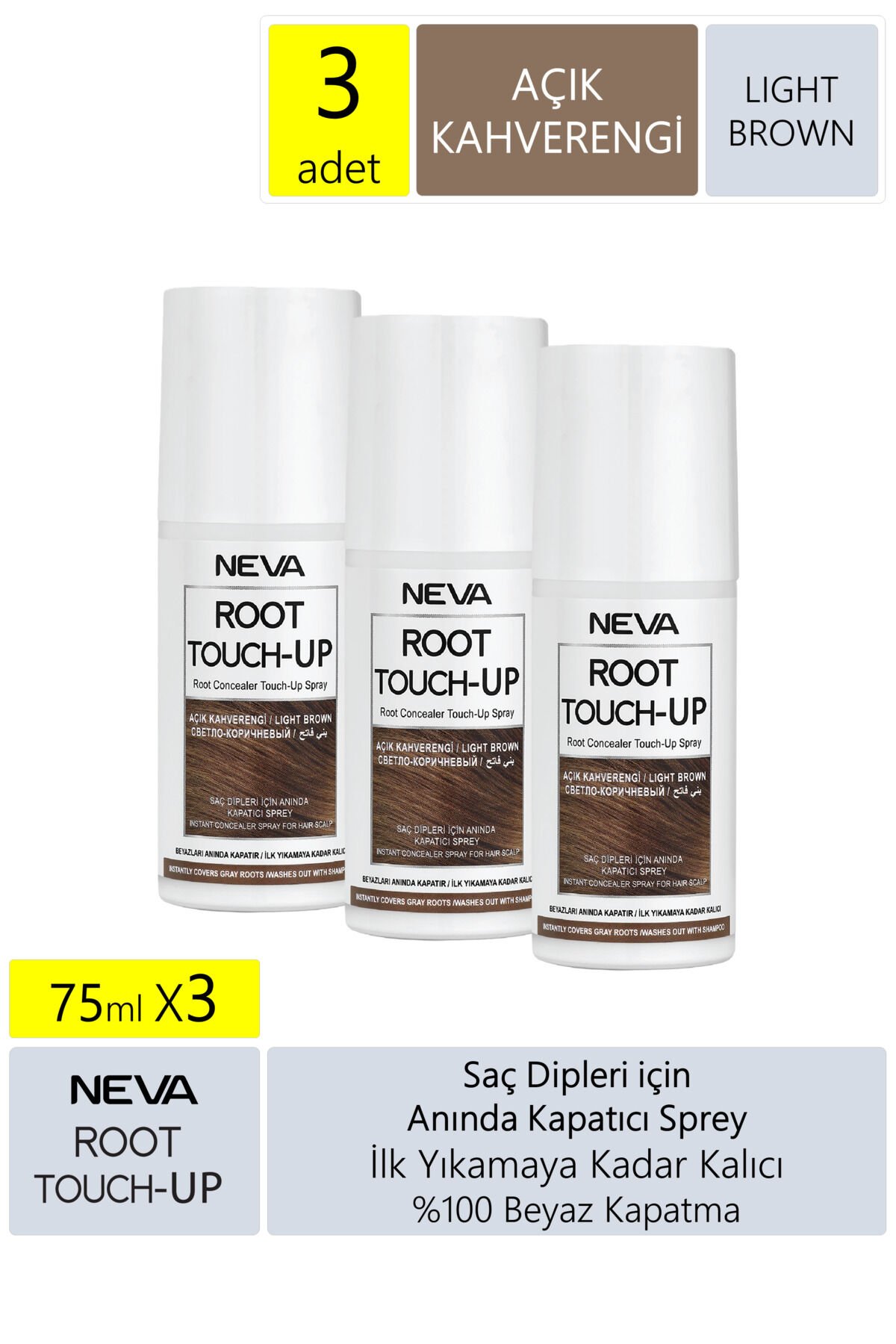 Neva Root Touch Up Kapatıcı Sprey 75 Ml Açık Kahve 3 Adet