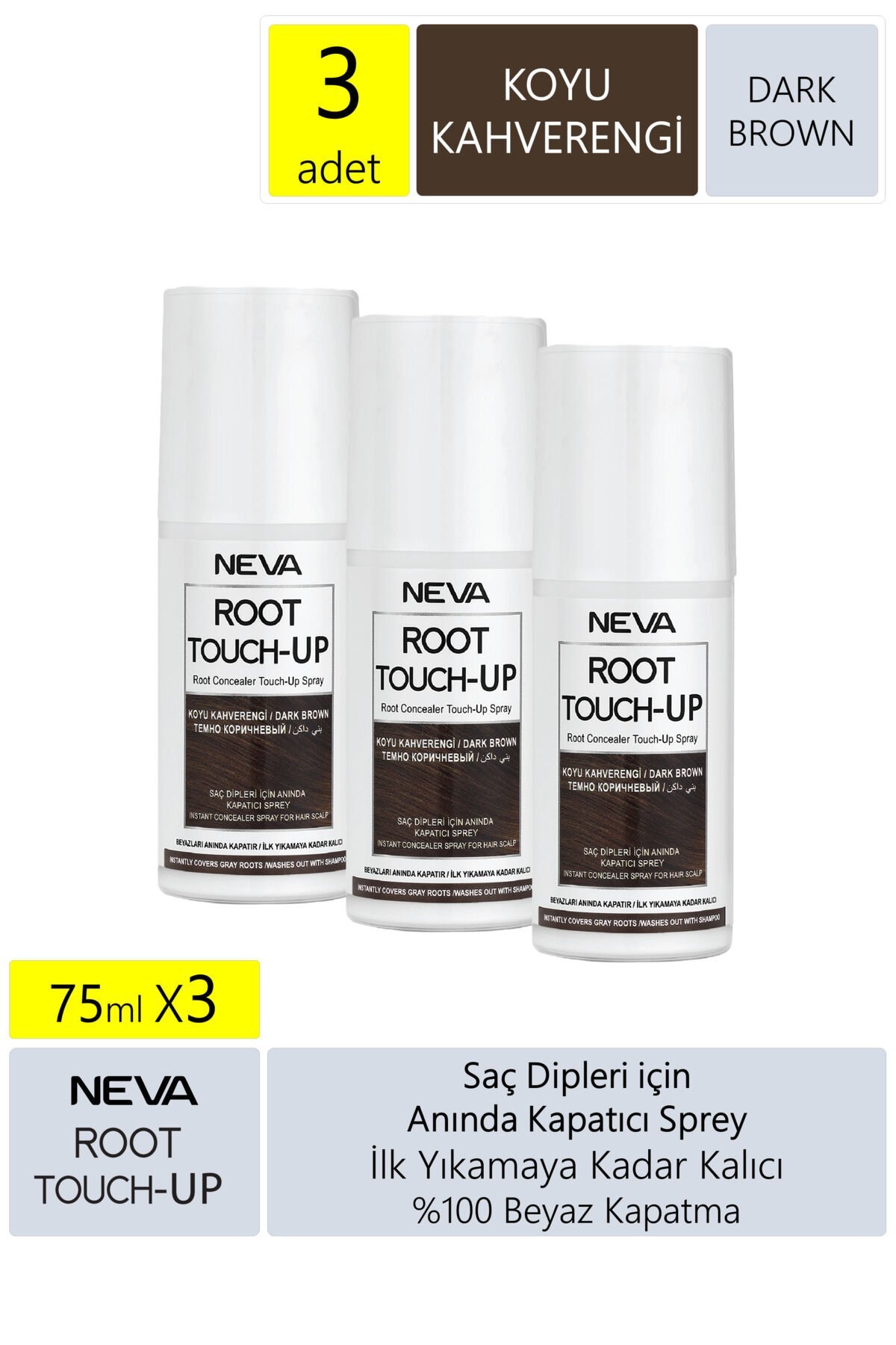 Neva Root Touch Up Kapatıcı Sprey 75 Ml Koyu Kahve 3 Adet