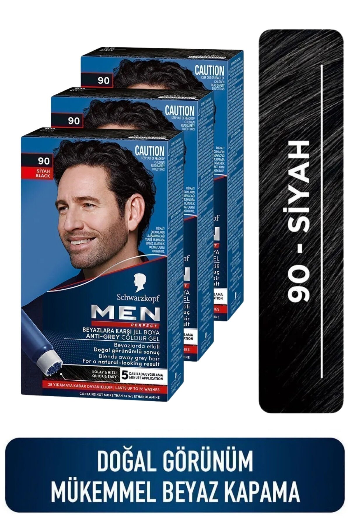 Schwarzkopf Men Perfect Saç Boyası 90- Siyah-Kolay ve Hızlı Beyaz Kapama - 3 Adet