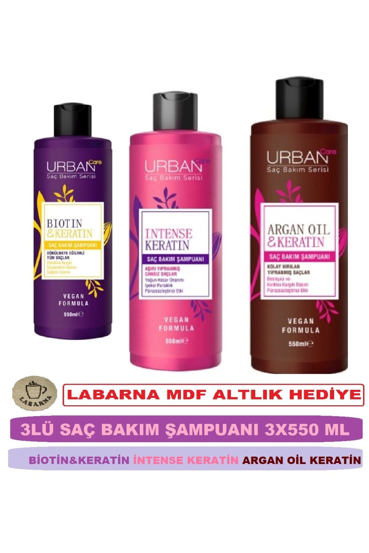 3lü Saç Bakım Şampuanı - Biotin & Keratin + İntense Keratin + Argan Oil & Keratin - 3X550 Ml